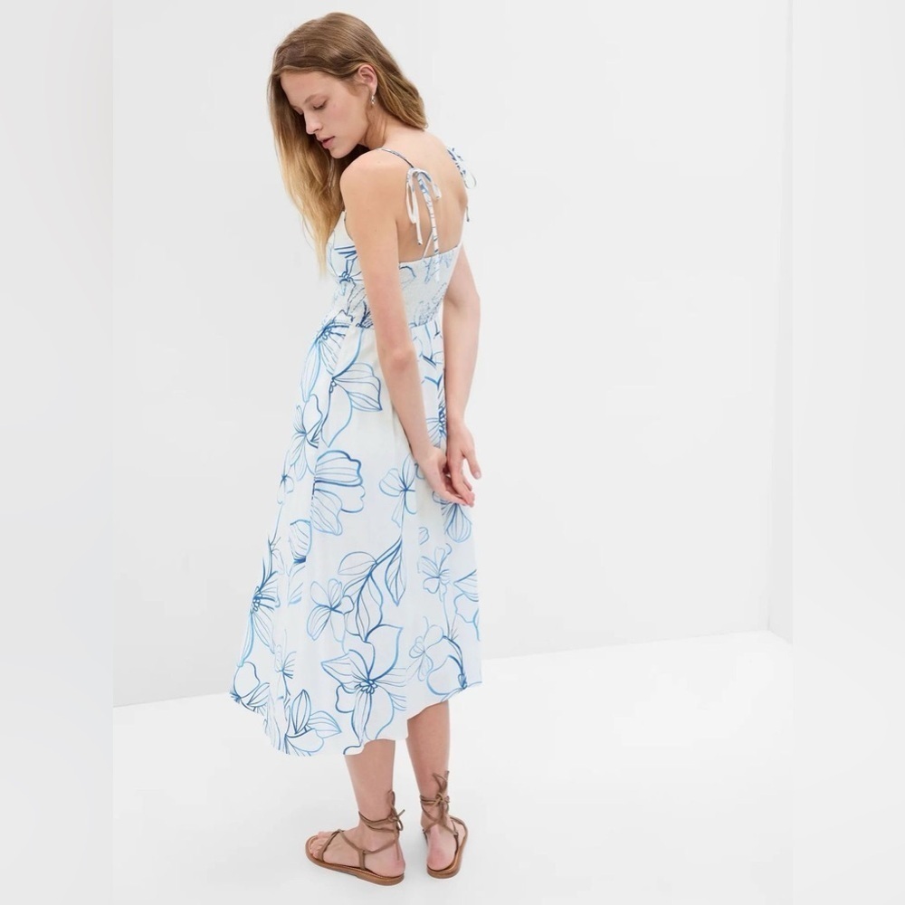Gap Linen Blend Corset Midi Dress Small Sundress White Blue Floral Smocking Ties